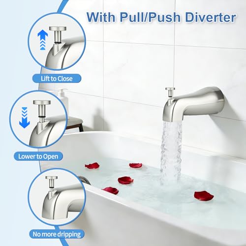 Universal Tub Spout with Diverter, Fits 1/2\" Slip on Copper Pipe and 1/2\" IPS & 3/4\" IPS Threaded, Bathroom Tub Faucet Replacement, Bathtub Spout with Adapter and Hex Wrench (Brushed Nickel)