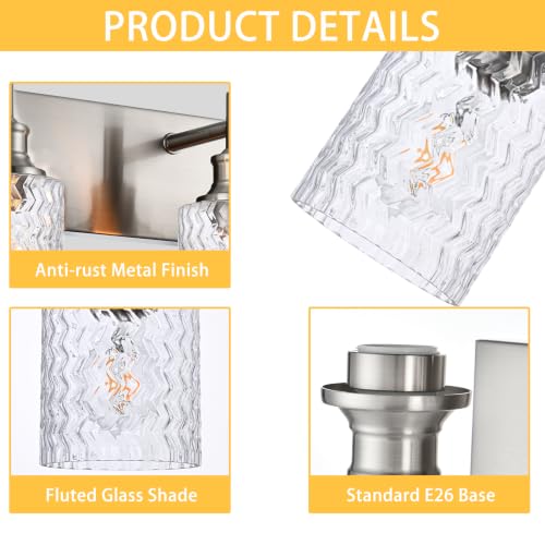 Image of 6 Lights Brushed Nickel Bathroom Light Fixture, Clear Fluted Glass | Modern Bathroom Vanity Lighting Fixtures over Mirror, E26 Socket Metal Wall Sconces, for Bedroom, Living Room, Powder Room