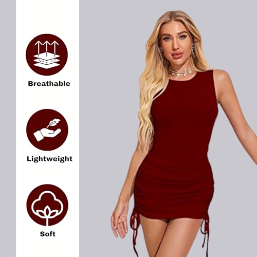 Image of LONDON BELLY Women's Solid Pattern Polyester Blend Bodycon Mini Dress with Drawstring Fitted Closure Type Round Neck and Sleeveless Thigh Length | One Piece Dresses for Women
