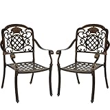ZOTORUN Set of 2 Cast Aluminum Patio Dining Chairs, Outdoor Bistro Stackable Chairs with Armrest, Patio Chair with Adjustable Feet, for Balcony, Backyard, Garden (Bronze, Without Cushion)