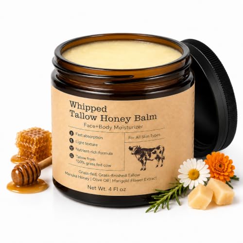 Image of Beef Tallow for Skin: Organic Grass-Fed Tallow Face Cream with Manuka Honey, Olive Oil, Jojoba Oil & Vitamin E, Non-Greasy Face and Body Moisturizer, 4 oz
