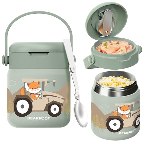 Recipiente térmico para niños de acero inoxidable, 500 ml, sin BPA (tractor zorro, verde)
