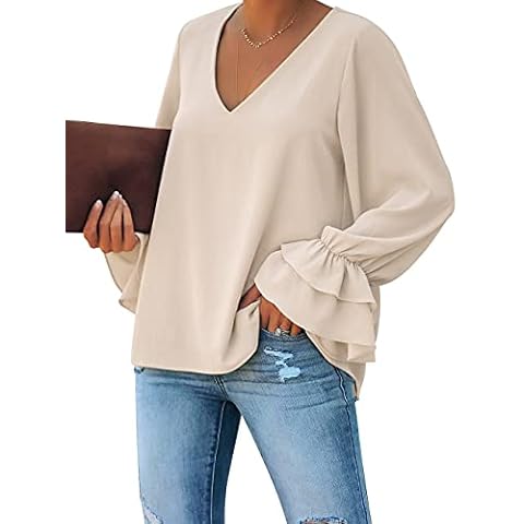 Roskiky Women's Casual V-Neck Blouse Ruffle Sleeves Solid Tops Shirt Dust Storm Size XXL Cover