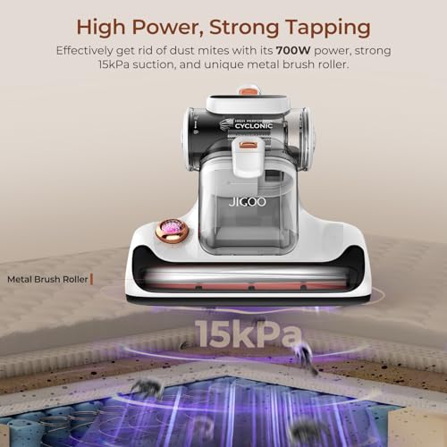 JIGOO T600 Milbensauger mit UV-Licht & Heißluft [700W/15kPa] – 99,9% Allergen-Entfernung, Duftende Negative Ionen, Für Matratzen/Sofas/Teppiche (Leise & Effizient)
