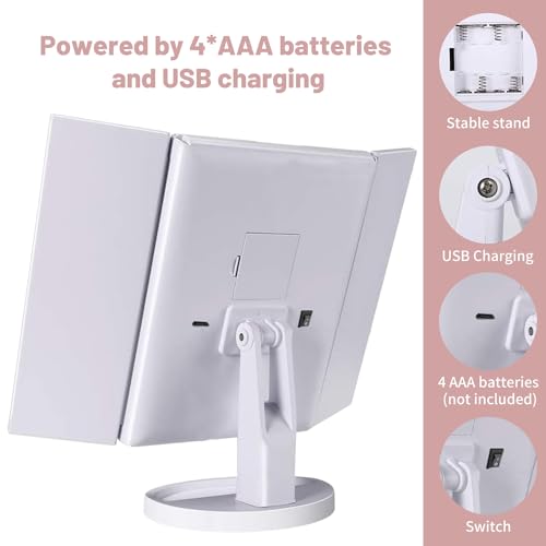 Image of SINZUX Vanity Cosmetic Mirror, 21 LED Lights, Touch Screen, Tri-Fold 2X 3X 10X Magnifying Mirror, 180Free Rotation, Dual Power Supply, White, 24L x 18W cm