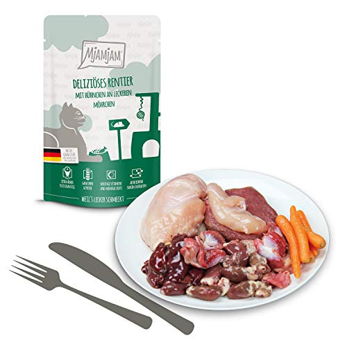 MjAMjAM - Premium Nassfutter für Katzen - Mixpaket V - 2*Wildlachs, 2*Garnele, 2*Hirsch, 2*Rentier, 2*Ziege, 2*Truthahn 12er Pack (12 x 125 g), getreidefrei mit extra viel Fleisch