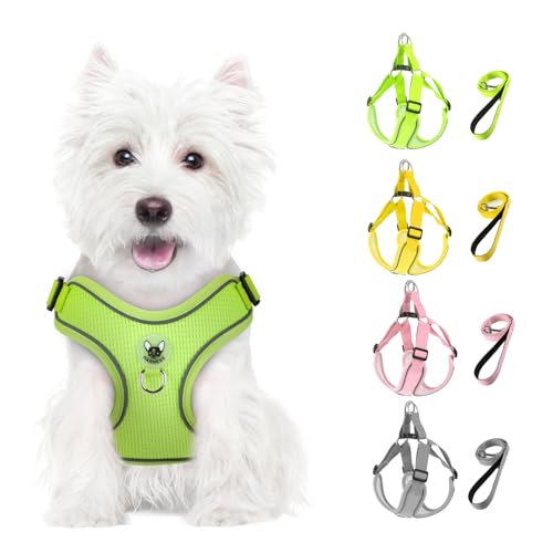 Feycig Arnés para perros pequeños, arnés reflectante ajustable antitirón, transpirable, suave, de malla, arnés ligero para cachorros con asa (verde, mediano)