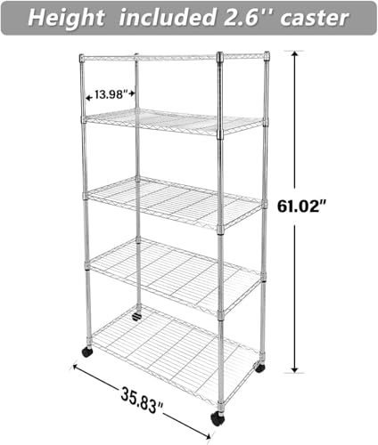 Image of Simple Deluxe Heavy Duty 5-Tier Storage Shelving Unit, 35.83 inch W x 13.98 inch D x 61.02 inch H, 1250 Lbs Loading Capacity, Chrome