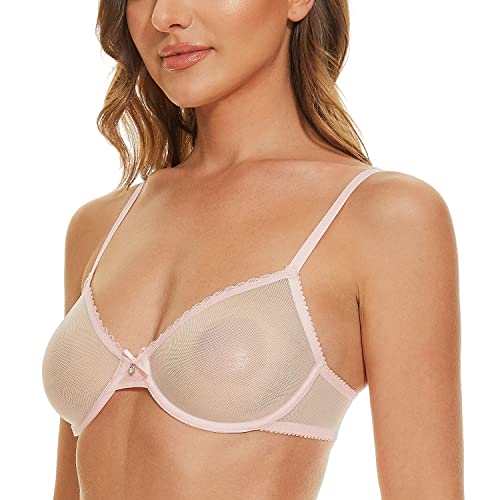 Wingslove Women's See Through Sexy Sheer Bra Unlined Underwire Support Everyday Bra with Silicone Nipple (Light Pink,36C) - Image 3