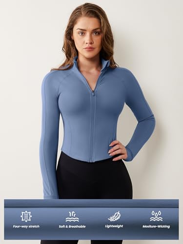 Image of AVGO Women's Workout Jacket Lightweight Zip Up Cropped Yoga Jackets Slim Fit Athletic Tops with Thumb Holes