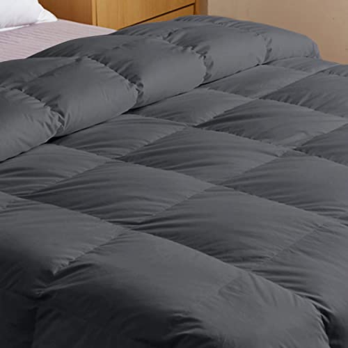 Feather Down Comforter Heavy Weight Queen Size Duvet Insert All Season, Sewn-Through Diamond Stitching Quilt with 8 Corner Tabs Deep Grey 90x90 Inches