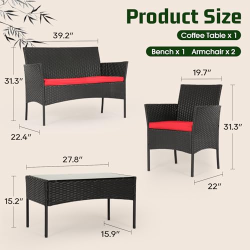 FDW | 4-Piece Patio Furniture Set | Red | Outdoor Wicker Furniture with Coffee Table | Modern Rattan Chairs Conversation Set | Outdoor Seating | Weather-Resistant | for Porch, Garden, Lawn