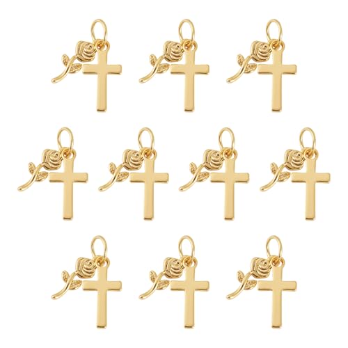 Image of 10Pcs 18K Gold Plated Cross Charms Brass Golden Crucifix with Rose Flower Pendants Permant Metal Jewelry Charms with Jump Ring for DIY Bracelet Necklace Earring Jewelry Making