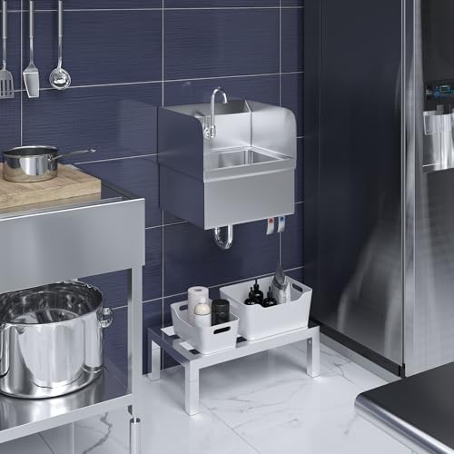 Image of Stainless Steel Wall-Mounted Hand Sink with Hands-Free Double Knee Valves, Faucet, and Side Splash Guards, 17 in x 15 in