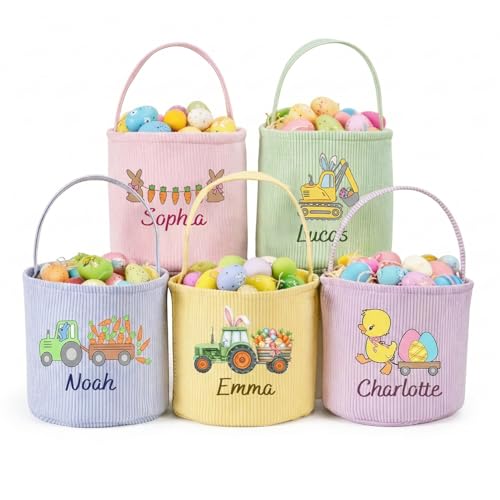 NAZENTI Personalized Baby Easter Basket with Name Custom Bucket Bag for Kids Rabbit Tote Bag for Boys Girls Easter Baby Gift Egg Hunt Basket for Kids Personalized Bucket for Toddlers 1