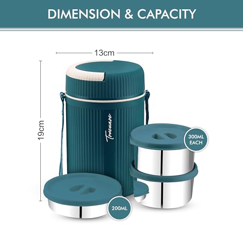 Image of Trueware GRUB 2 Double Wall Insulated Hot Lunch Box with 2 SS Container 300 ML Each & 1 SS Container 200ML | Bpa Free | Food Grade | Hot and Fresh Ma (LBI-GRB-002-Blue BAZ)