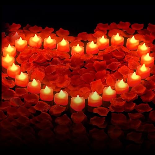 GOMETY 24 Pièces Bougies LED Cœur Sans Flamme avec 1000 Pétales de Rose Artificiels, Bougies Chauffe-Plat LED Romantique pour Saint-Valentin, Mariage,...