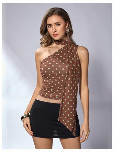 Image of RoseSeek Women's Y2K Leopard Polka Dots Halter Asymmetrical Neck Crop Tops | One Shoulder, Slim Fit, Sleeveless, Cheetah Print, Summer Tops, Scarf Tops, Party, Going Out Tops