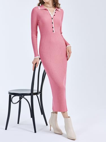 Langwyqu Womens Knit Long Sweater Dress Button V Neck Collared Long Sleeve Ribbed Bodycon Pullover 2024 Fall Maxi Dresses3