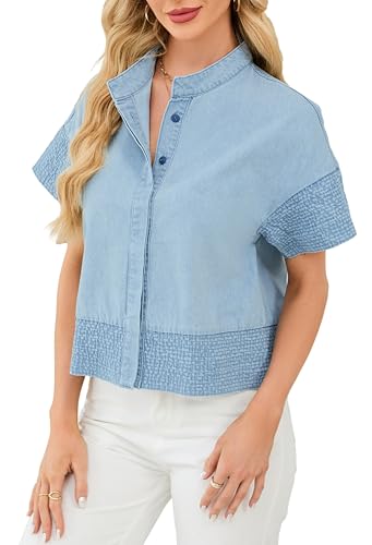 Womens Crop Denim Jacket Short Sleeve Button Down Lightweight Jean Tops Trendy