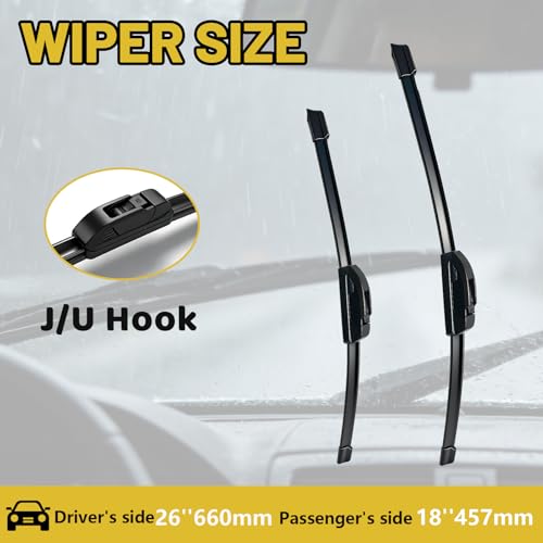 26" + 18" Windshield Wiper Blades (Set of 2), OEM Quality All-Season windshield wipers, Fits Toyota Camry 2012–2017 & Honda Civic 2017–2021, U/J Hook — view 2