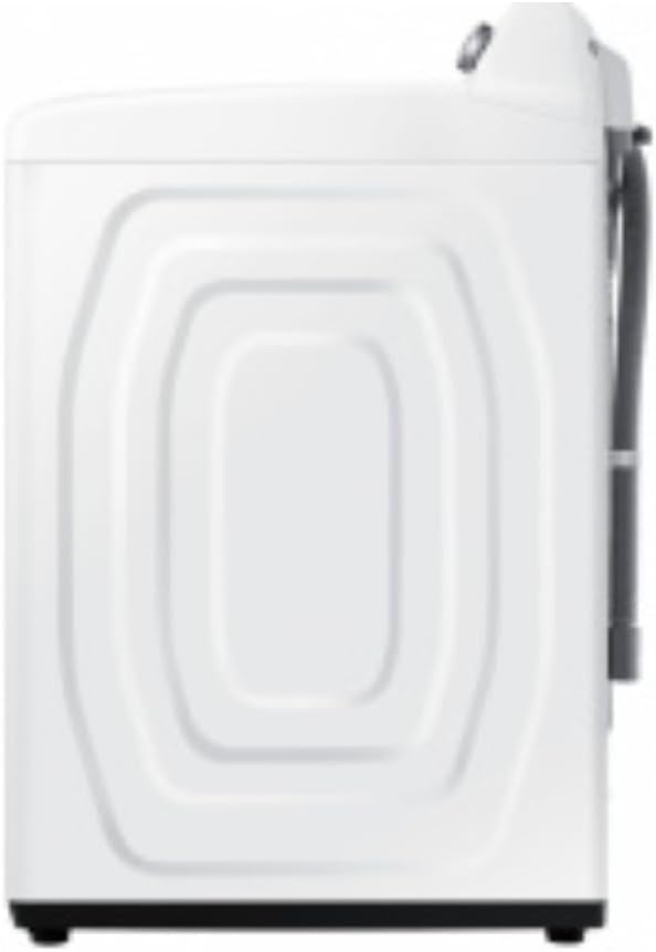 Side view of the Samsung WA21A3341GW washing machine showing the water inlet and drain hoses connected at the back.