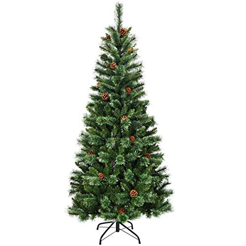 Goplus 7ft Unlit Artificial Christmas Tree, Premium Hinged Slim Tree, with Mixed Pine Needles, Cones and Metal Stand, Xmas Tree for Indoor and Outdoor Decor