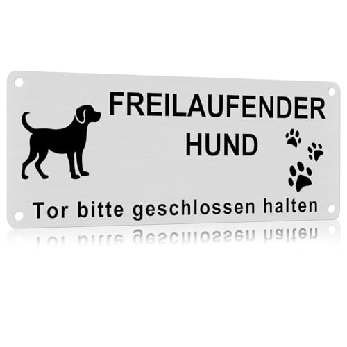 Vorsicht Freilaufender Hund Schild, Achtung Hund Schild, Reflektierendes Aluminium, Warnschild Hunds Aluminium mit 4 Vorgebohrten Löchern, Schilds Warnung vor Dem Hunds für den Innen/Außen, 25x9cm