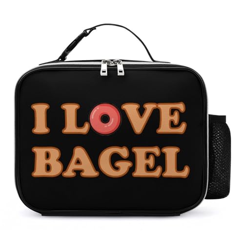 I Love Bagel Insulated Cooler Leather Lunch Bag Meal Tote Handbags with Adjustable Handle Strap Side Pocket