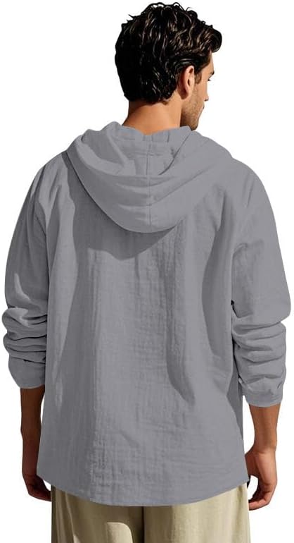 Men's Linen Hoodie Lightweight Hawaiian Shirt Casual Beach Shirt with Pockets - Image 5
