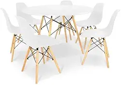 Conjunto de Mesa de Jantar Eames Eiffel Redonda 100cm Tampo de Madeira Branco com 6 Cadeiras Brancas