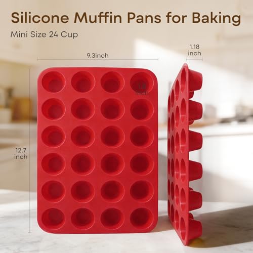Ruinovate Silicone Muffin Pans for Baking Nonstick 2 Pcs, 24 Cup Mini Cupcake Pan, Food-Grade Silicone Baking Molds for Cupcakes, Freezer, Red — view 2