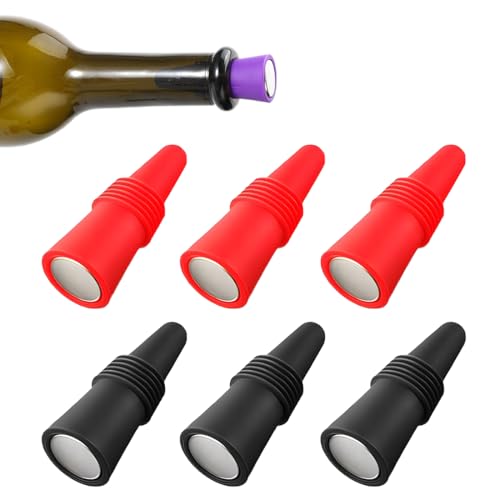 AFCJLTO 6pcs tapon vino tapones para botellas de vino reutilizables, tapones para botellas de silicona y acero inoxidable, tapón de la botella para almacenar cerveza, champán(rojo, negro)