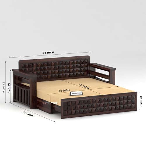Image of Sheesham Wooden Sofa Cum Bed for Living Room with Side Pocket Storage - 3 Seater Sofa Cum Bed with Storage - 3 Person Sofa Cum Bed Wooden with Premium Cushion Seating (Walnut F)