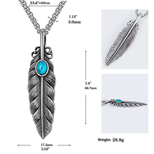 Mens Turquoise Feather Necklace Titanium Steel Vintage Silver Simple Punk Gothic Emo Fashion Hippie Long Leaf Pendant Necklace Jewelry Gift for4