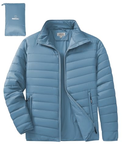 Outdoor Ventures Men's Packable Puffer Jacket Insulated Lightweight Puffy Coat Warm Portable Padded Water Resistant Jacket for Hiking Travelling Camping Grey Blue M