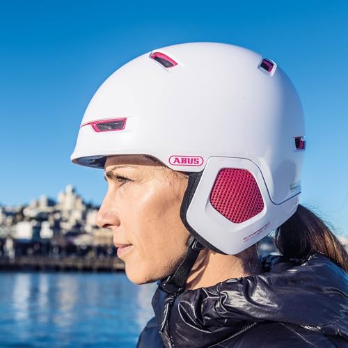 ABUS Stadthelm Scraper 3.0 ERA - Robuster Fahrradhelm inkl. Ohrenwärmer für den Winter - für Damen und Herren - Weiß/Pink, Größe L