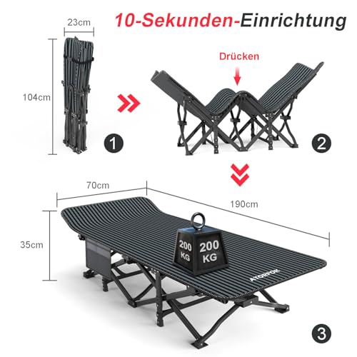 ATORPOK SHOP Campingbett feldbett klappbar, Faltbar Gästebett bis 200 kg für, Belastbar Tragbar Tasche Liege Reise Bequem