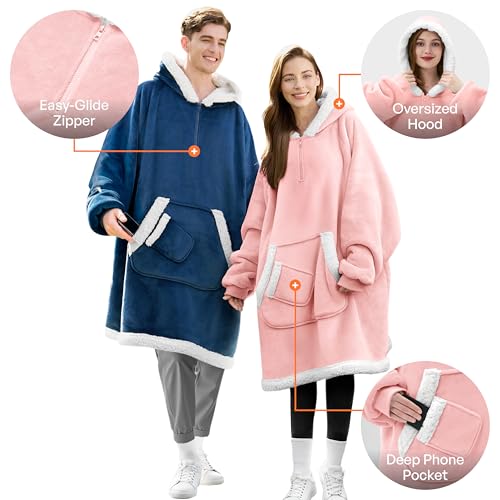 Giggling Getup Wearable Blanket Hoodie for Women Men Gifts for Women Mom Wife Sherpa Fleece Hooded Blanket Sweatshirt Warm Cozy Sherpa Wearable Throw with Pocket & Sleeves for Adult Oversize Pink
