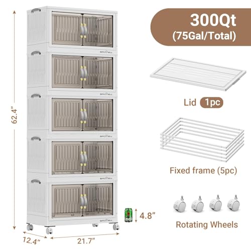 300Qt Stackable Storage Bins with Lid, Extra Large Closet Organizer Collapsible Drawer Boxes with Wheels, Folding Plastic Cabinet Containers for Home Kitchen Room Organization, 5Pack White