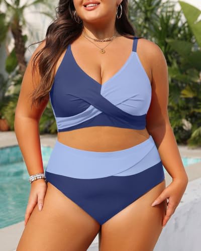 Image of Tempt Me Plus Size High Waisted Two Piece Swimsuit Color Block Bikini Set | Removable Padded Cups for Large Bust, Twist front Design, Color Block Style, Adjustable Straps