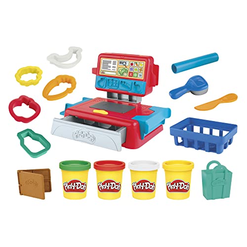 Play-Doh Caja registradora de juguete para niños de 3 años en adelante con divertidos sonidos, accesorios de comida y 4 colores no tóxicos (Hasbro 0)