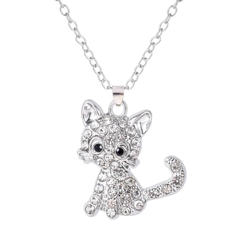 Kitty Pendant Necklace, 18+2 Inch Extension Chain Cute Small Cat Rhinestone Necklace Sparkling Cat Pendant Necklace Cat Jewelry Cat Necklace for Women Gifts