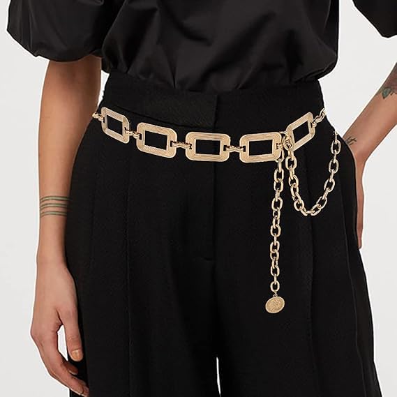 Women's Chain Belt Metal Waist Belt Chunky Belly Link Belt Metal Waist Chain Belt for Women Girls Square Chain Chunky Belts for Dresses Jeans（gold）3