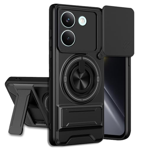 Image of Poco X8 Pro 5G Back Cover | Armor Camera Slider 360 Degree Rotating Finger Ring Holder Case with Bracket Stand Back Case Cover (Compatible with MagSafe Accessories) (Black)