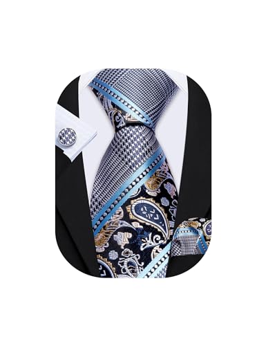 Image of Barry.Wang Mens Tie Set Plaid Check Neckties Formal Business Wedding Luxury Pocket Square Cufflinks