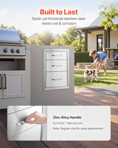 VEVOR 14x20.3 Inch Outdoor Kitchen Drawers Stainless Steel, Flush Mount Triple Drawer, 14W x 20.3H x 23D Inch, with Stainless Steel Handle, BBQ Drawers for Outdoor Kitchens or BBQ Island
