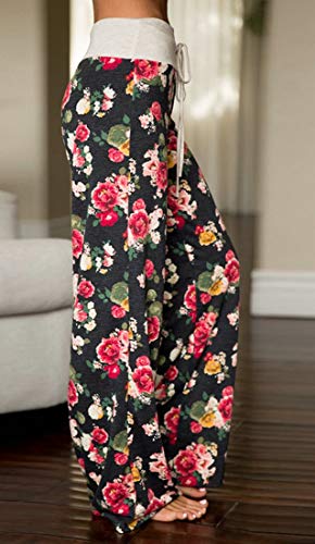 Image of Elsofer Women's Comfy Lounge Pants Soft Floral Pajama Pants Loose Drawstring Wide Leg Palazzo Pants for Sleep, Casual Wear