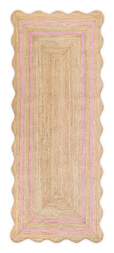 Wave Scalloped Natural Jute Runner, Light Pink (2'6"x14'): Boho Farmhouse Scallop Entryway Rug