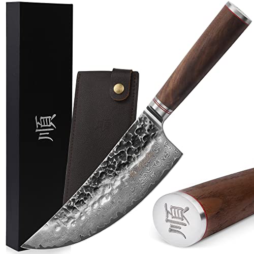 YOUSUNLONG Cleaver Butcher Knife 8 Zoll (205mm) Japanischer gehämmerter Damaskus Edelstahl Natur Walnuss Holzgriff mit Lederscheide Cover